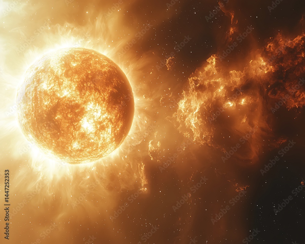 Obraz premium Fiery celestial body, cosmic clouds