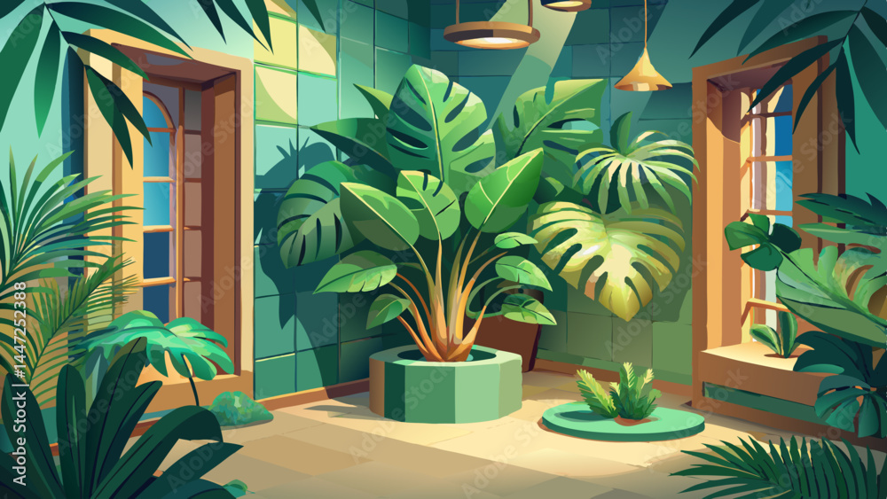 Fototapeta premium A touch of the jungle in a neat indoor corner. Monstera’s signature leaf pattern brings exotic elegance. Rendered in 3D for depth, texture, and realism. Ideal for serene vector scenes and green living