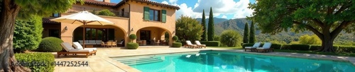 Sun-drenched stucco villa  turquoise pool  cypress trees  stone  resort  vacation