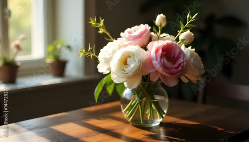 Fototapeta Naklejka Na Ścianę i Meble -  white roses and pink peonies on table