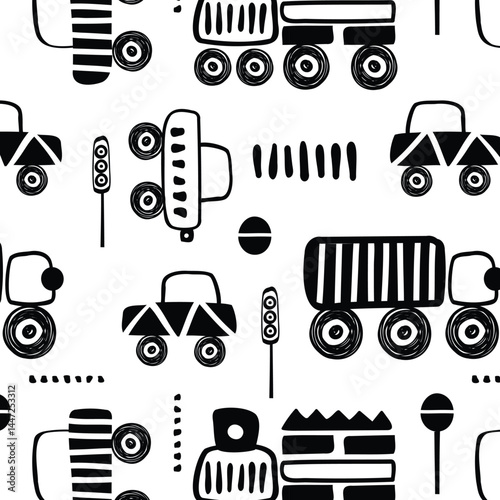 Seamless pattern with hand drawn cute car. Cartoon cars, road sign, zebra crossing vector illustration. Perfect for kids fabric, textile, nursery wallpaper