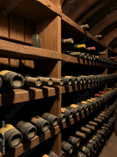 Dusty wine bottles aging on wooden shelves in cellar