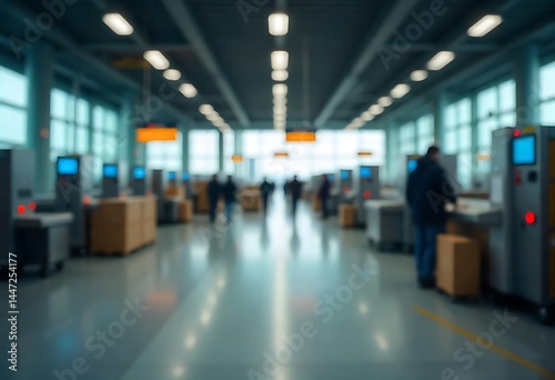 Generative AI image of a blurred airport security check with scanning machines and passengers passing through, creating a busy and modern atmosphere