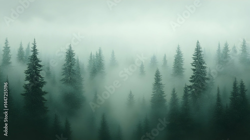 Misty forest scene, tall evergreen trees shrouded in a thick fog