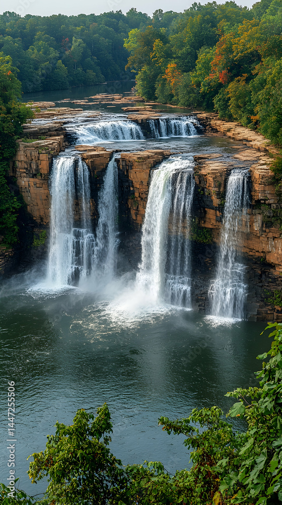 Serene multi-tiered waterfall cascading down rocky cliffs into a tranquil pool surrounded by lush green forest Serene multi-tiered waterfall cascading down rocky cliffs into a tranquil pool surrounded by lush green forest
