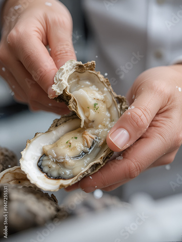 Close-up of a chef's hands shucking oysters, showcasing the briny freshness of the seafood. Job ID: ac7472eb-c79b-43df-afff-cbbfe4b5c2fb