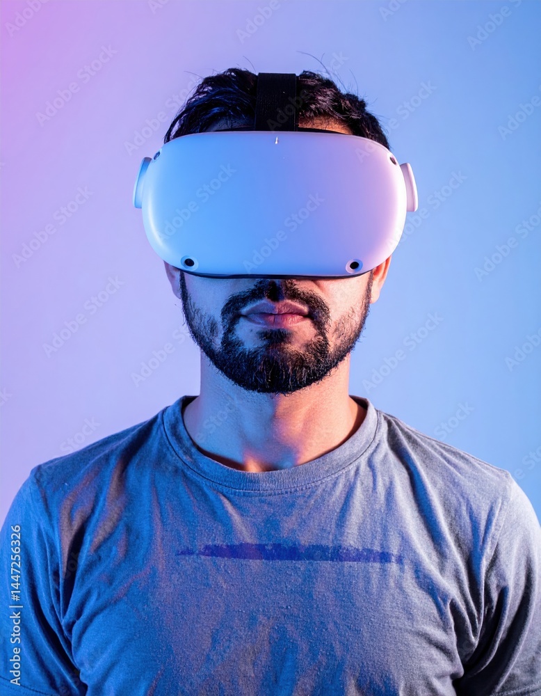 Fototapeta premium A man immersed in a virtual world, wearing an Oculus VR headset, with a focused expression, surrounded by a modern, tech-inspired room.