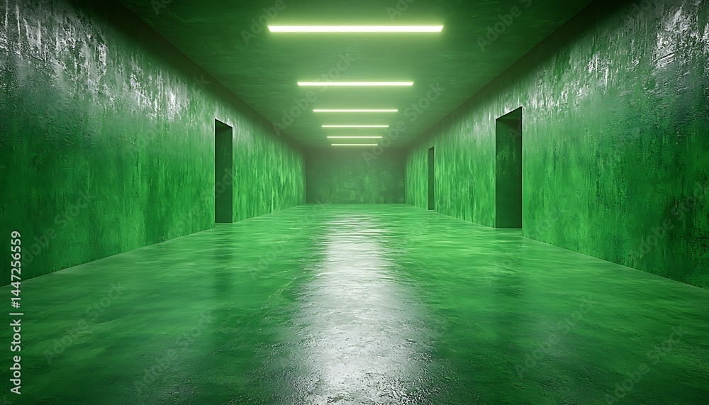 Obraz premium Green, neon-lit corridor