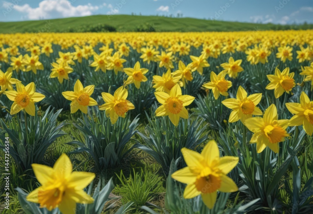 Obraz premium A carpet of cheerful yellow daffodils blooming under a clear blue sky in a verdant field , spring, botany, botanical