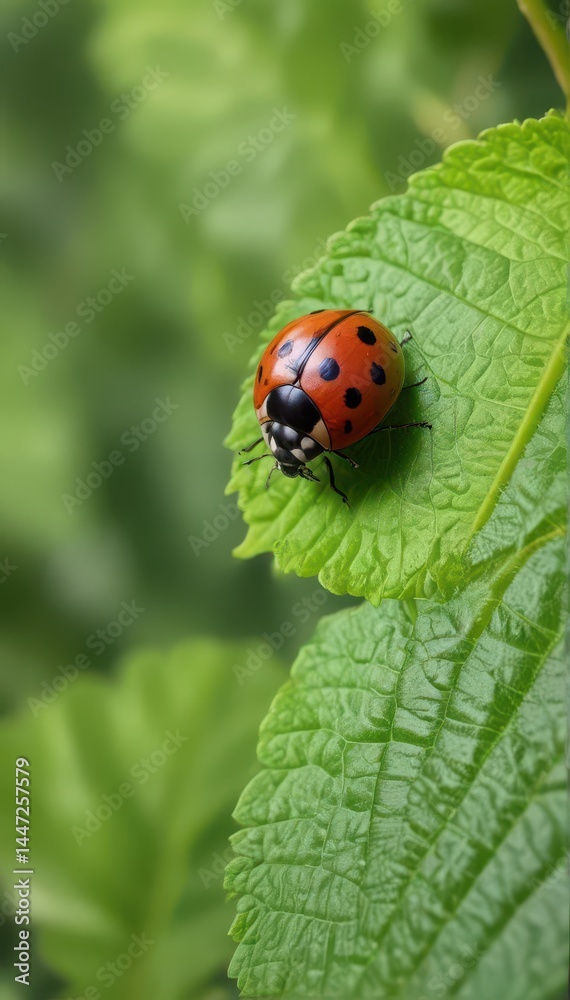 A ladybug rests on a vibrant green leaf against a blurred garden background , summer, colorful, seven spotted ladybug A ladybug rests on a vibrant green leaf against a blurred garden background , summer, colorful, seven spotted ladybug