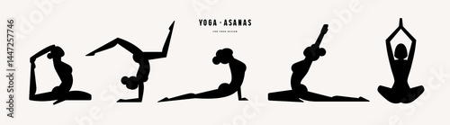 Illustration girls doing yoga asanas. Stylized silhouette set for your design. Black print on white background