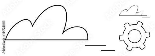 Minimalist design featuring two clouds connected by lines to a gear. Ideal for technology, cloud computing, innovation, systems, networking, development, integration. Flat simple metaphor
