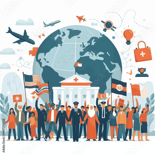 people, refugee, day, international, immigration, concept, background, community, help, migrant, migrants, world, immigrant, poster, fight, human, illegal, humanitarian, illustration, vector, freedom,