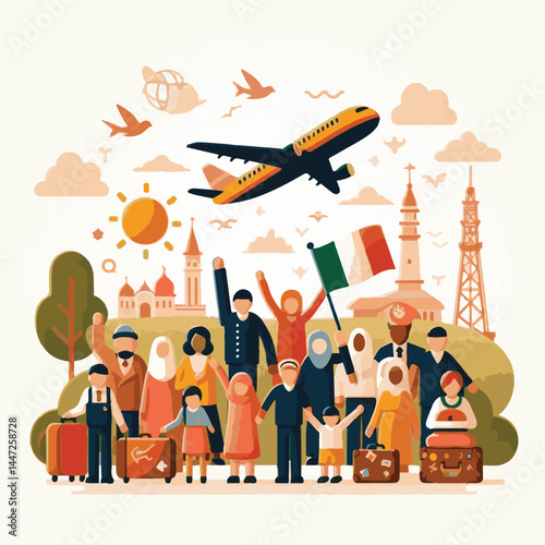 people, refugee, day, international, immigration, concept, background, community, help, migrant, migrants, world, immigrant, poster, fight, human, illegal, humanitarian, illustration, vector, freedom,