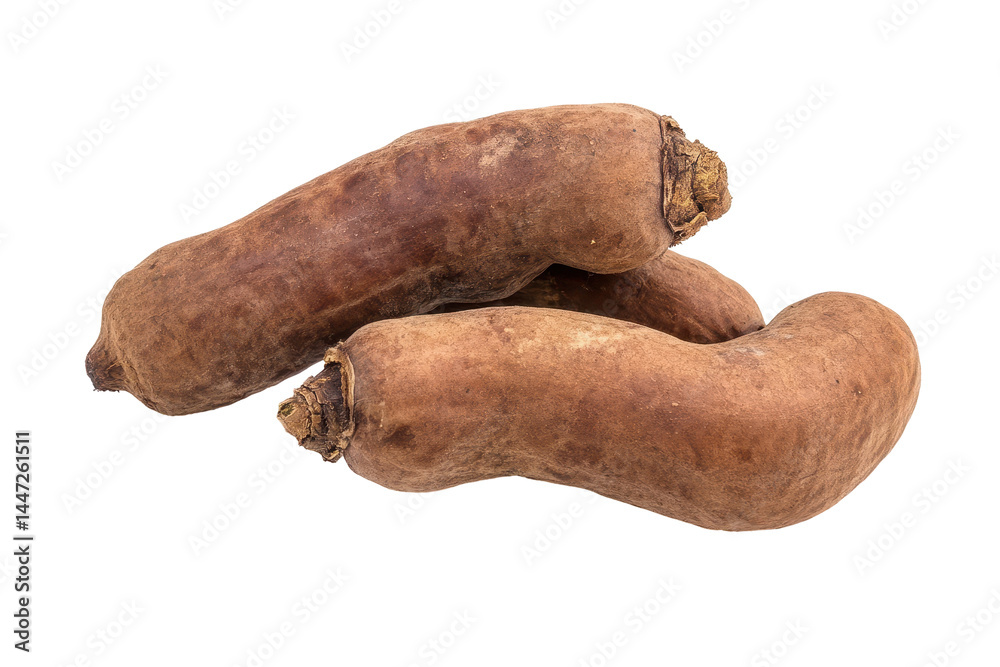 Collection of three whole, light brown root vegetables, arranged in a pile, shown in high detail against a plain background. Collection of three whole, light brown root vegetables, arranged in a pile, shown in high detail against a plain background.