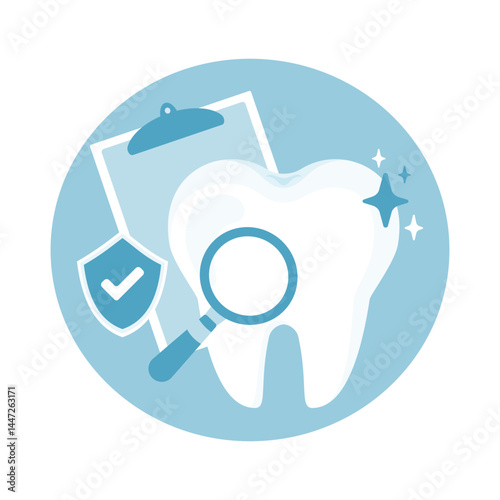 Tooth and dental health checkup icon with magnifying glass, clipboard, and shield for hygiene and oral care concept. Vector illustration isolated on white background.