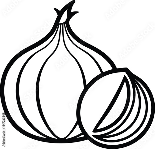 Whole onion with sliced section drawn in continuous line art for culinary illustrations kitchen decor food themed designs or healthy cooking visual concepts in minimalist style