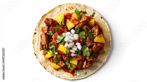 Top down view of vibrant Tacos al Pastor featuring marinated pork pineapple onion garnished fresh cilantro salsa corn tortilla placed clean white background showcasing popular Mexican street food cut