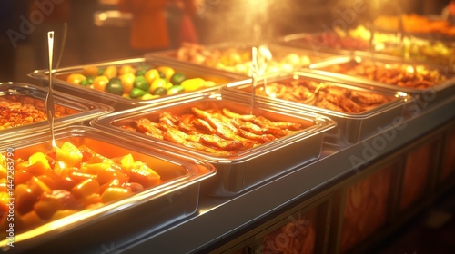 Fototapeta Naklejka Na Ścianę i Meble -  A Warm Buffet: Delicious Food, Golden Hour