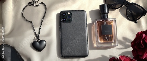 Stylish phone, perfume, heart pendant, and sunglasses