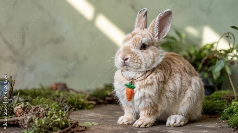 Fototapeta premium Sweet photorealistic portrait of a fluffy white bunny rabbit sitting upright. Around its neck is a simple 'necklace' made of twine with a small, realistic carrot charm hanging from it