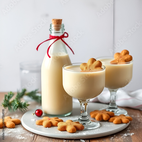 Homemade eggnog in bottle and two glasses with Christmas cookies
