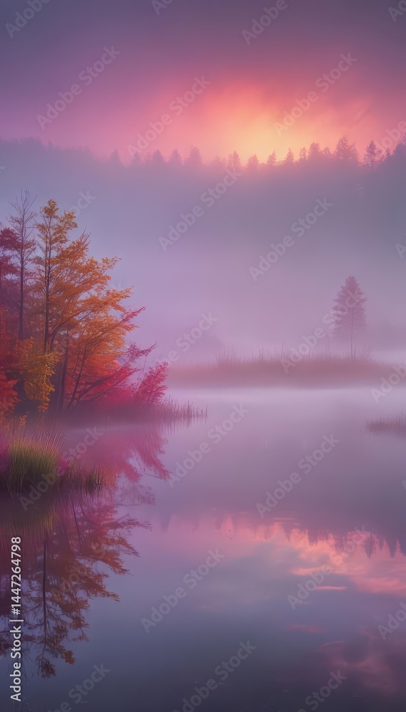 Fototapeta premium A vibrant, rainbow-hued fog drifts over still lake waters , vibrant, scene