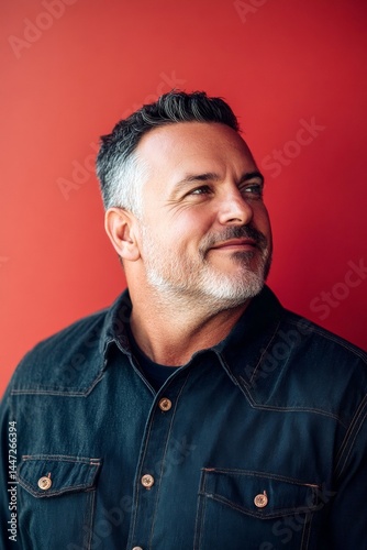 Red solid background. A charismatic male posing naturally in a studio. Visual idea of style for aging men. Chic men's crew cut haircut - midlife white man with black hair.