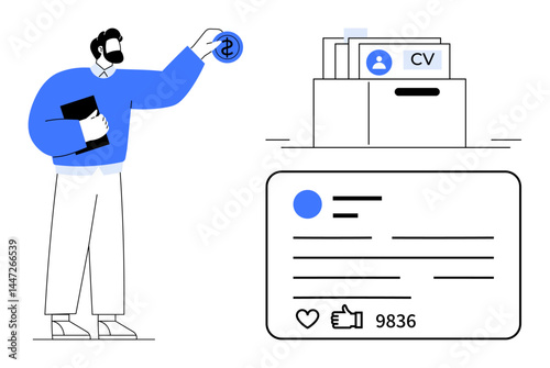Person holding a folder, inserting a dollar coin into a resume drawer, reviewing online profile statistics. Ideal for recruitment, HR, job search, employment, career planning, hiring process simple
