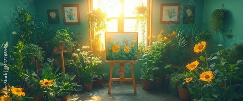 Sunlit Room Filled with Plants and Art