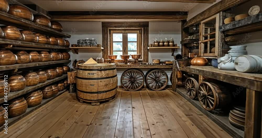 Rustic interior of a traditional storage room filled with wooden barrels and pottery Rustic interior of a traditional storage room filled with wooden barrels and pottery