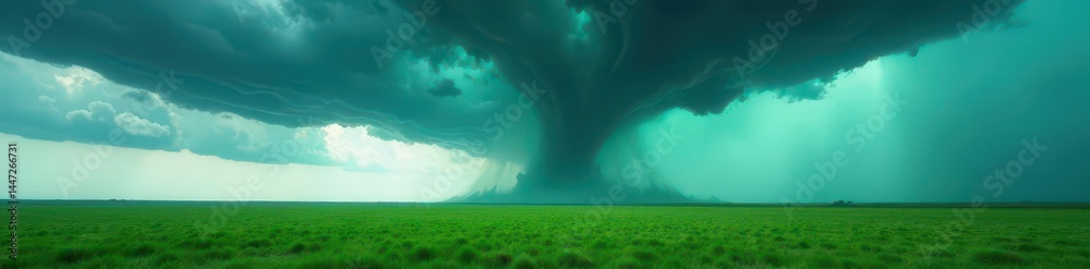 Fototapeta premium Dark, swirling vortex of a tornado over flat, green Great Plains under stormy sky , powerful, meteorological, hazard