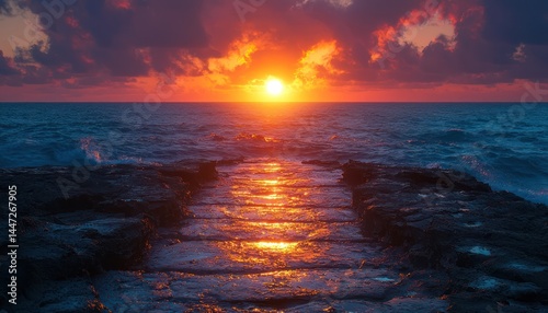 Sunrise over turbulent sea, rocky path
