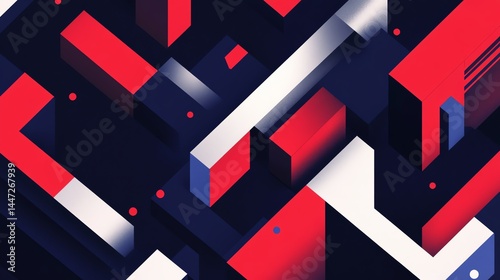 Abstract geometric design with red, white, and blue shapes and lines.