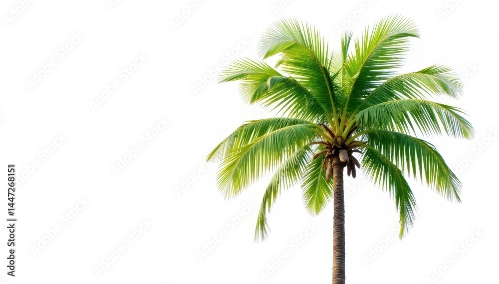 Obraz premium Single coconut palm tree, lush green foliage, white background, silhouette, coconut background, high resolution