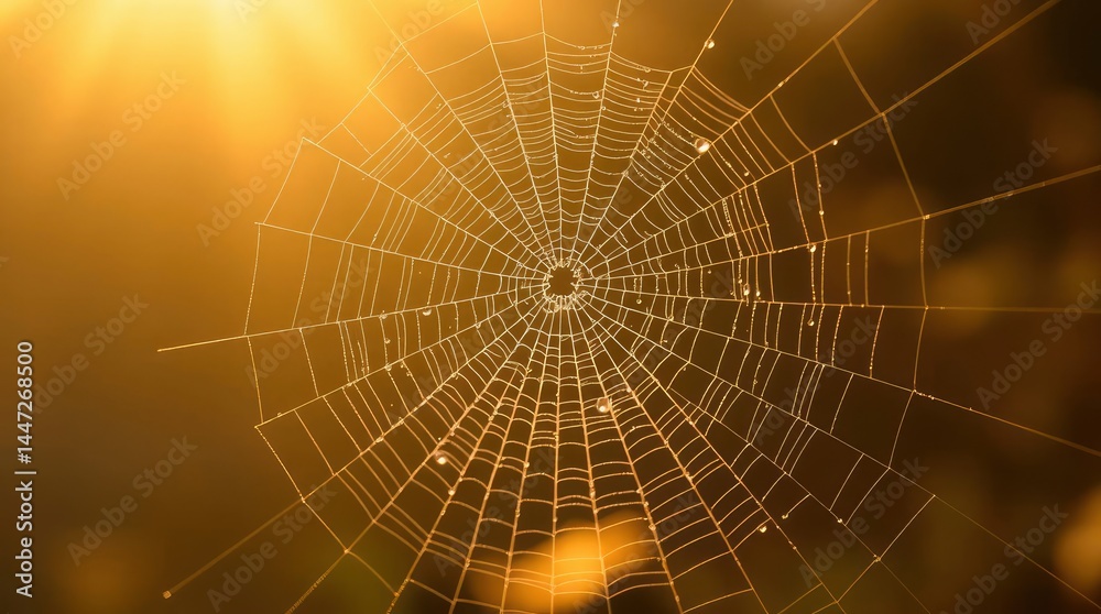 Obraz premium Glowing golden spiderweb with droplets reflects light in a morning nature scene, beautiful.