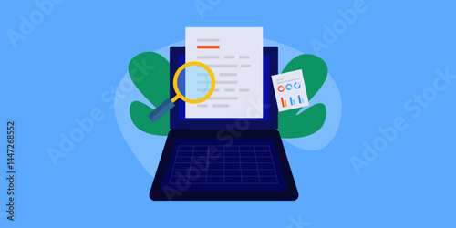 Data driven content research, blog writing and SEO article on laptop display.