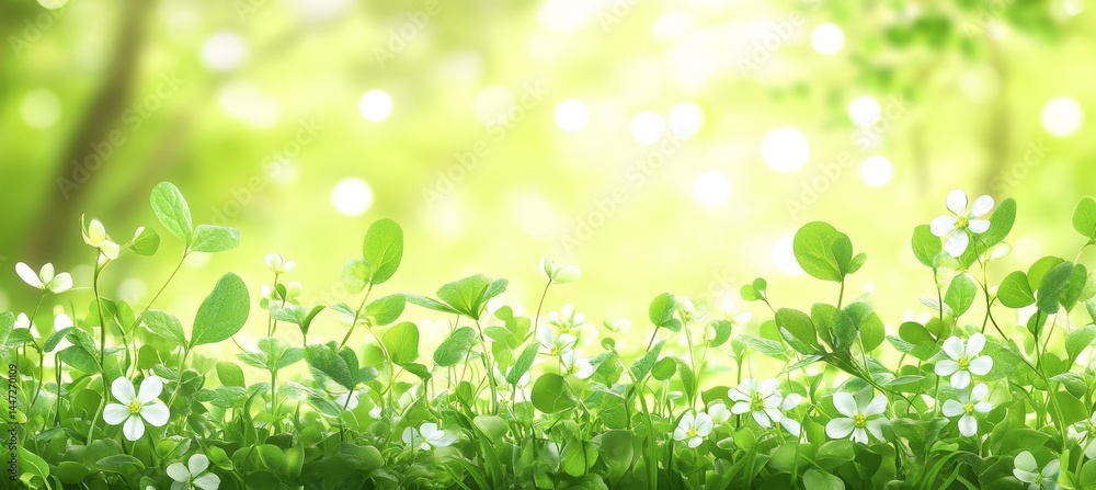 Fototapeta premium Fresh Green Clover And Tiny White Wildflowe. Blooming Spring Nature, Background With Sunlight