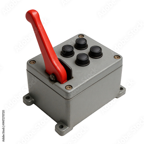 A vintage-style gray metal control unit equipped with a bright red lever switch and four dark operational knobs.