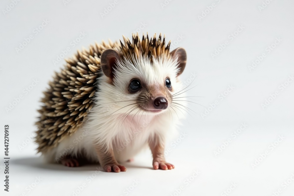 A tiny hedgehog stands alone on a pure white background , stock photo, white A tiny hedgehog stands alone on a pure white background , stock photo, white