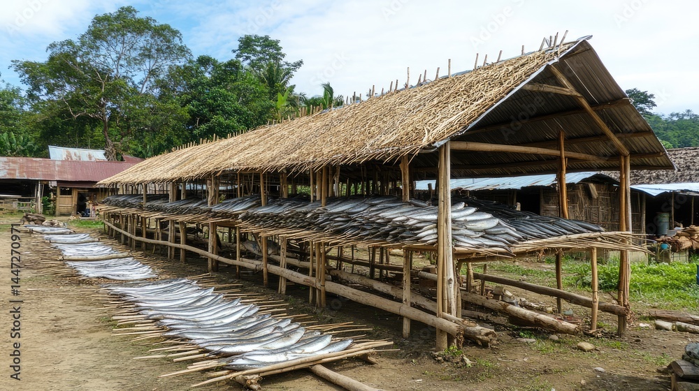 Fototapeta premium Fish drying racks under the sun, with local ingredients laid beside for reference