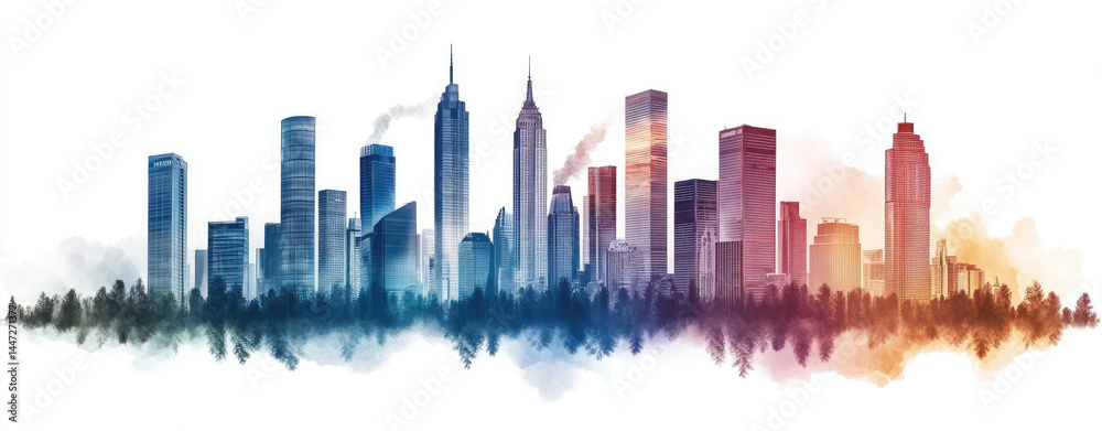Obraz premium Watercolor cityscape panorama. A vibrant, colorful cityscape, rendered in a watercolor style, with numerous high-rise buildings of varying hues and shapes. 