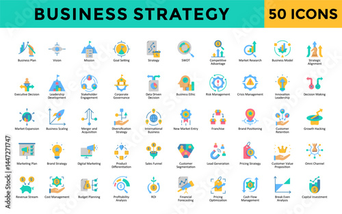 Business Strategy icons set with business plan, vision, mission, goal setting, strategy, swot, competitive advantage, market research, business model icon. Simple flat color vector 
