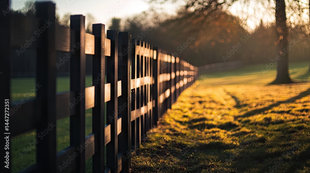 Obraz premium Modern UPVC fence with horizontal slats lining residential walkway, sunlight casting shadows
