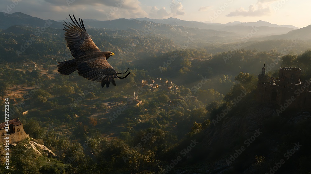Obraz premium Majestic eagle over valley landscape