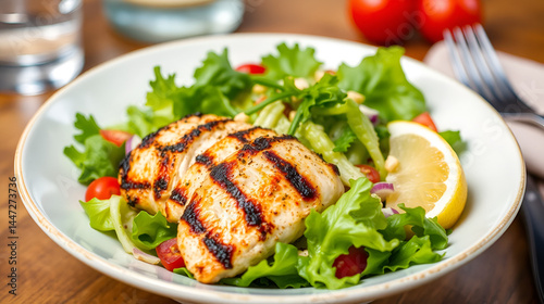 A bowl of Caesar salad with grilled chicken. Featuring crispness and flavor