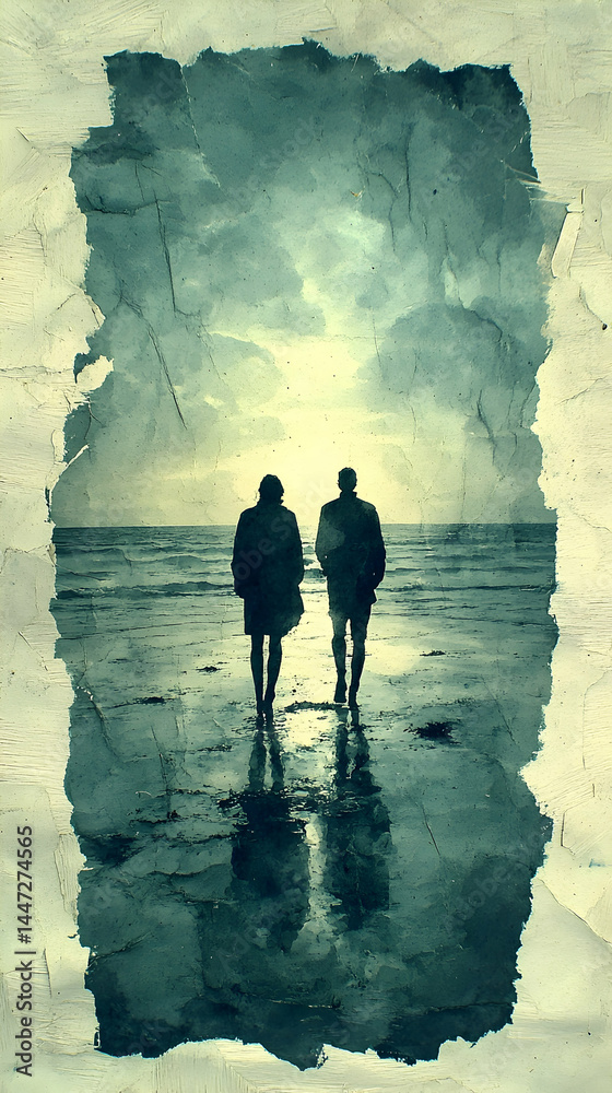 Fototapeta premium Two figures stand on a beach at sunset, silhouetted against a pale sky. Water reflects the figures