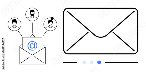 Open envelope with letter linking to user avatars, large envelope, dotted indicator. Ideal for communication, business, networking, email marketing, contact, teamwork simple landing page