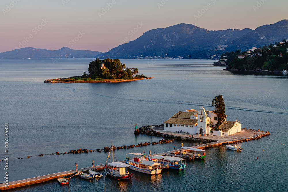 Vlacherna monastery and Mouse Island, Corfu island, Greece.