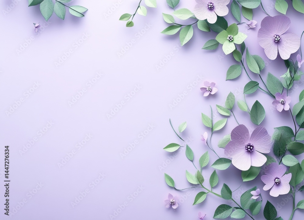 Fototapeta premium Beautiful arrangement of purple and green paper flowers and leaves on a light lavender background